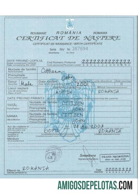 Certidão de nascimento da Romênia exemplo